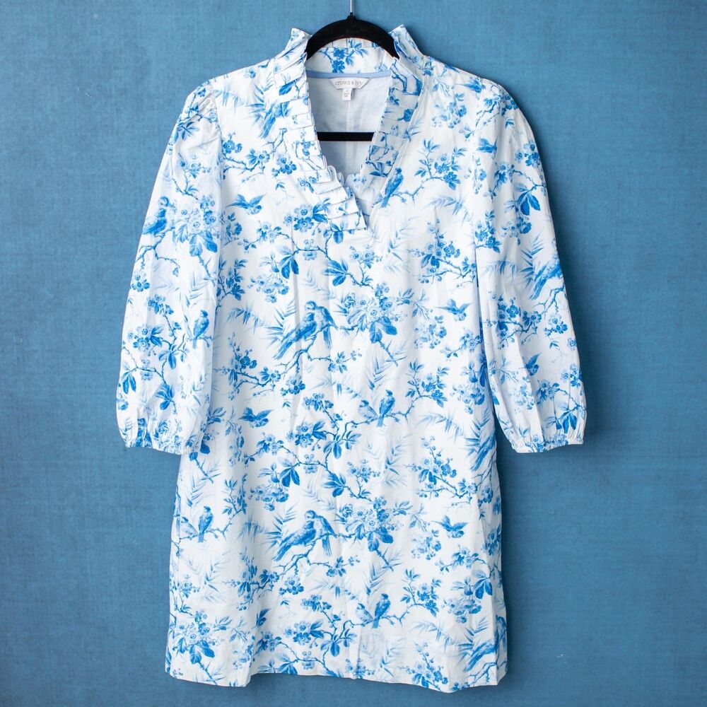 Crown & Ivy Dress Small Blue White Bird Floral Toile Ruffle Neck Cotton Shift